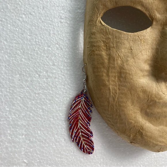 One-of-a-Kind Hand Painted Wooden Feather Earrings - Red and Blue Fall Colors - Picture 6 of 9